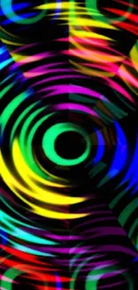 Vibrant abstract circles with colorful spirals on black background.