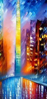 Vibrant abstract cityscape with blue hues and reflections.