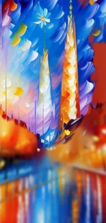 Vibrant abstract cityscape with glowing towers and dynamic color palette.