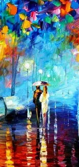 Vibrant abstract cityscape with couple walking under an umbrella.