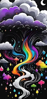 Colorful abstract clouds with cascading raindrops on a dark background.