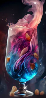 Vibrant abstract cocktail art with swirling colors in a glass.