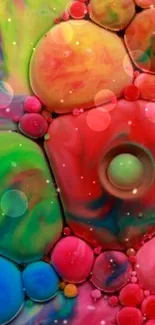 Vibrant abstract wallpaper with colorful bubbles and swirling patterns.