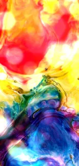 Vibrant abstract wallpaper with red, yellow, and blue swirls.