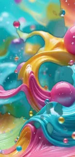 Vibrant abstract swirl with colorful spheres and fluid design.