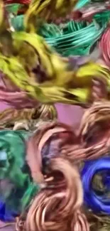 Abstract colorful swirls on a pink background.