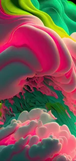 Vibrant abstract wallpaper with pink and green waves.