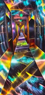 Colorful abstract corridor wallpaper with vibrant patterns.