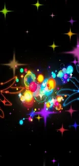 Vibrant abstract cosmic wallpaper with colorful lights and dark background.