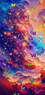 Vibrant abstract cosmic artwork with orange, blue, and red swirls.