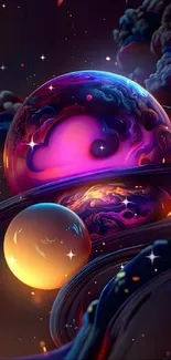 Colorful abstract cosmic wallpaper with vibrant spheres in space.