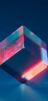 Abstract cube with prismatic colors on a blue background.