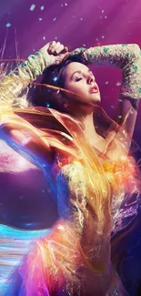 Dancer in vibrant abstract light with colorful, dynamic background.