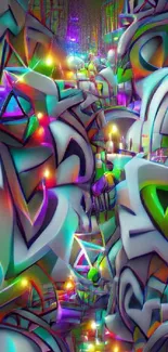 Vibrant abstract digital art with neon colors and geometric patterns.