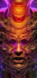 Vibrant abstract digital art with surreal face in orange tones.