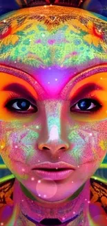 Vibrant abstract digital art with neon colors and face design.