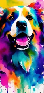 Vibrant abstract painting of a joyful dog with multicolored hues.