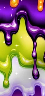 Colorful wallpaper with dripping purple, green, and orange patterns.