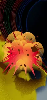 Vibrant abstract explosion art wallpaper in yellow and red hues.