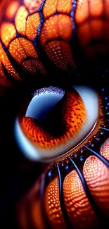 Close-up of a vibrant abstract eye design with fiery orange hues.