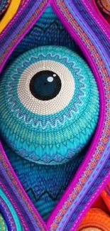 Vibrant abstract design with central blue eye and colorful patterns.