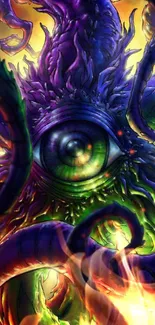 Abstract wallpaper with eye and tentacles in vibrant colors.