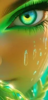 Vibrant green eye close-up with mystical elements.