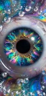 Abstract vibrant eye with swirling colors and bubbles.