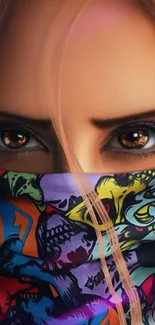 Artistic woman with vibrant abstract mask and intense brown eyes.