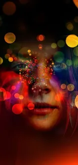 Vibrant abstract face art with colorful bokeh lights.