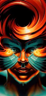 Abstract face with vibrant fiery orange and teal colors.