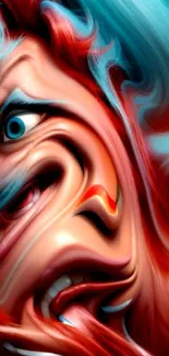 Vibrant abstract face art with swirling blue and red colors.