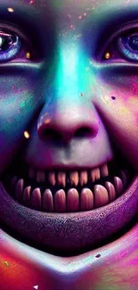 Colorful surreal face with neon hues on abstract wallpaper.