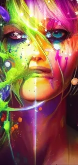 Vibrant abstract face art in neon colors for mobile wallpaper.