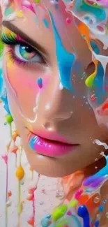 Vibrant abstract face art with colorful splashes.