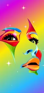 Colorful abstract face wallpaper with rainbow background.