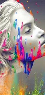 Grayscale face with vibrant paint splashes.