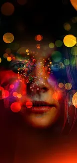 Abstract face art with colorful light effects.