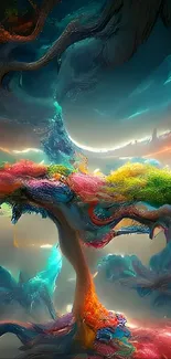 Colorful abstract fantasy landscape with surreal elements.