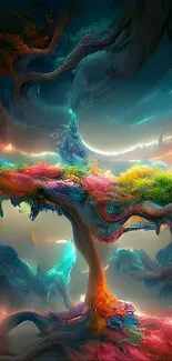 Vibrant abstract fantasy landscape with colorful, surreal elements and intricate design.