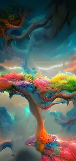 Colorful abstract fantasy tree wallpaper in vivid hues.