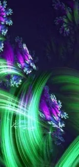 Vibrant green and purple abstract floral wallpaper.