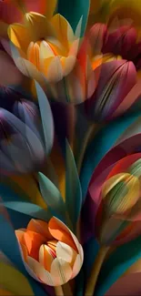 Abstract colorful floral wallpaper art with vivid tulips.