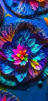 Vibrant abstract floral art with neon colors and intricate patterns.