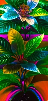 Vibrant abstract floral art wallpaper with green leaves.