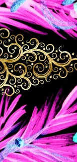 Vibrant pink floral wallpaper with golden swirls.