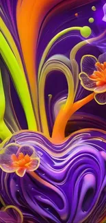 Abstract floral wallpaper with vibrant purple and orange hues.