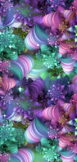 Vibrant abstract floral pattern with purple, teal, and pink hues.