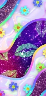 Vibrant abstract mobile wallpaper with flowers and glitter.