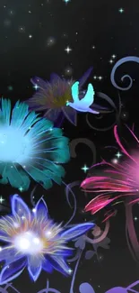 Vibrant abstract floral wallpaper with glowing flowers on a dark background.